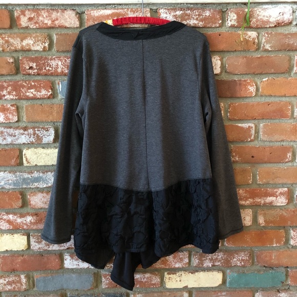 Caty Lesca Lagenlook Faux Leather Asymmetrical Long Sleeve Swing Top - Picture 2 of 6